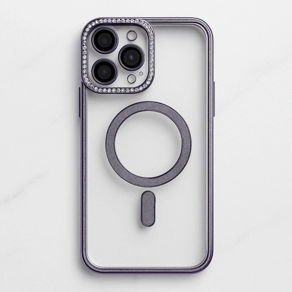 Clear Bling Case with Purple Edges MagSafe Compatible for iPhone 15 Pro Max